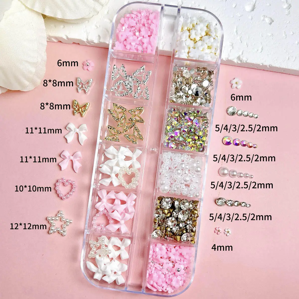

12 сеток/коробка, смола, розовый, белый цвет, подвески для ногтей с бантом, разноцветные размеры, стразы, жемчуг, украшения для дизайна ногтей, аксессуары для маникюра «сделай сам»
