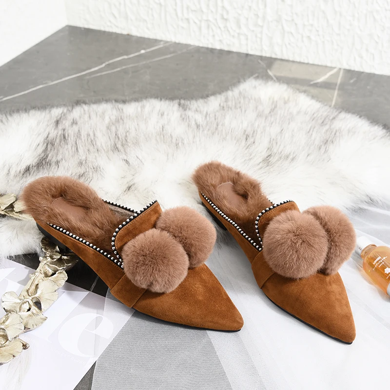 Winter Deluxe Wool Ladies Warm Genuine Leather Slippers Comfortable Plush Flat Pointed Women's Shoes Slippers Women