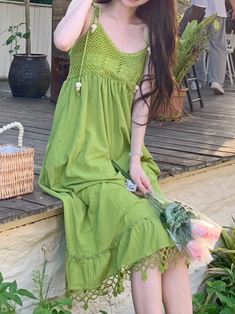 Summer Green Designer Kawaii Dress Women Korean Style Elegant Beach Dress Female Backless Vintage Casual Suspender Dress 2023