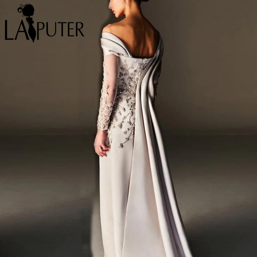 Heavy Satin Evening Dresses Unique Cape Sleeves Neck Beaded Flowers Elegant Formal Dress Long Sleeves Cape Train Celebrity Dress