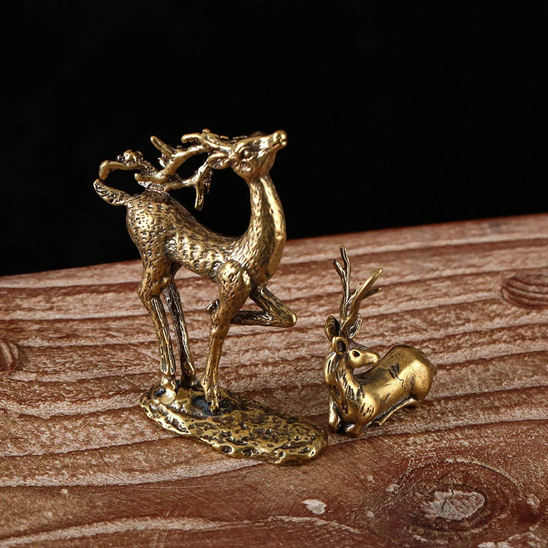 1PC Retro Brass Elk Miniature Figurine Mini Deer Statue Home Desktop Ornament Decors Festival Decoration Accessories