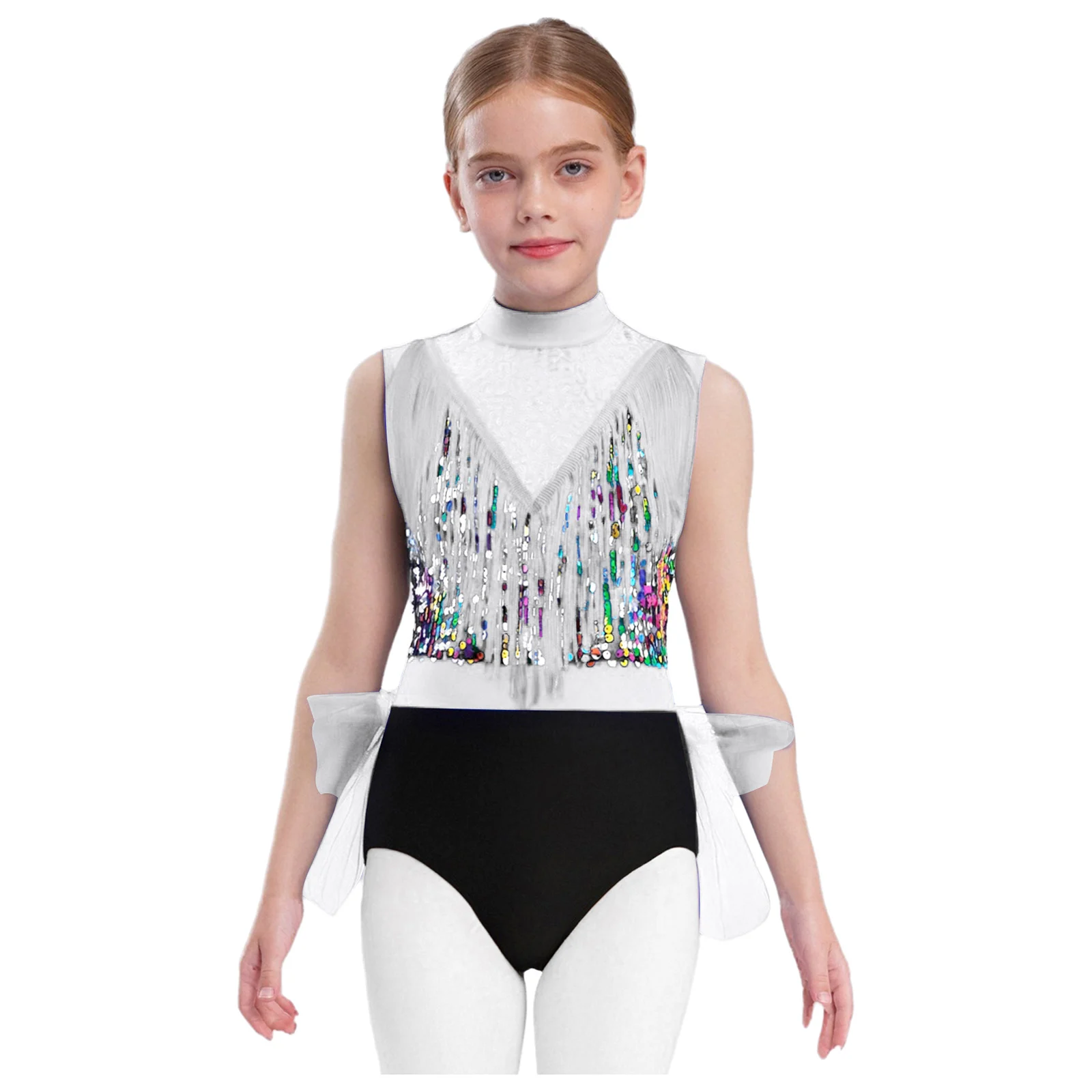 

Kids Girls Latin Jazz Dance Bodysuit Sleeveless Cutout Back Tassels Shiny Sequins Color Block Leotard Ballet Skating Dancewear
