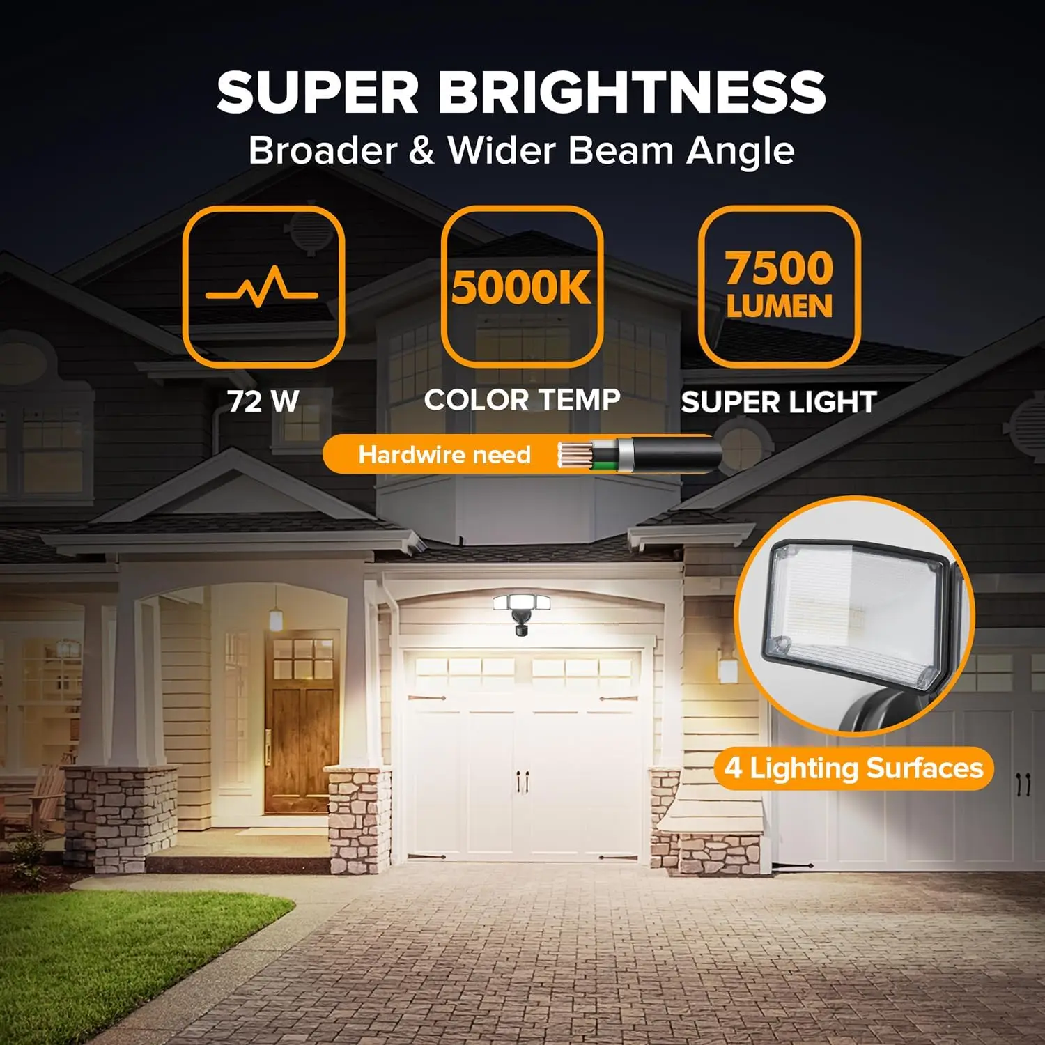 72W LED 모션 센서 투광등, 7500LM 주광색, 실외 보안용 IP65 방수