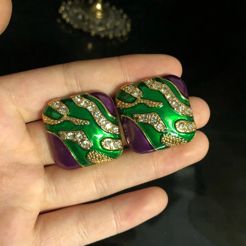 Real gold-plated enamel glaze contrasting color stud earrings diamonds  rhinestones elegant  earrings for women