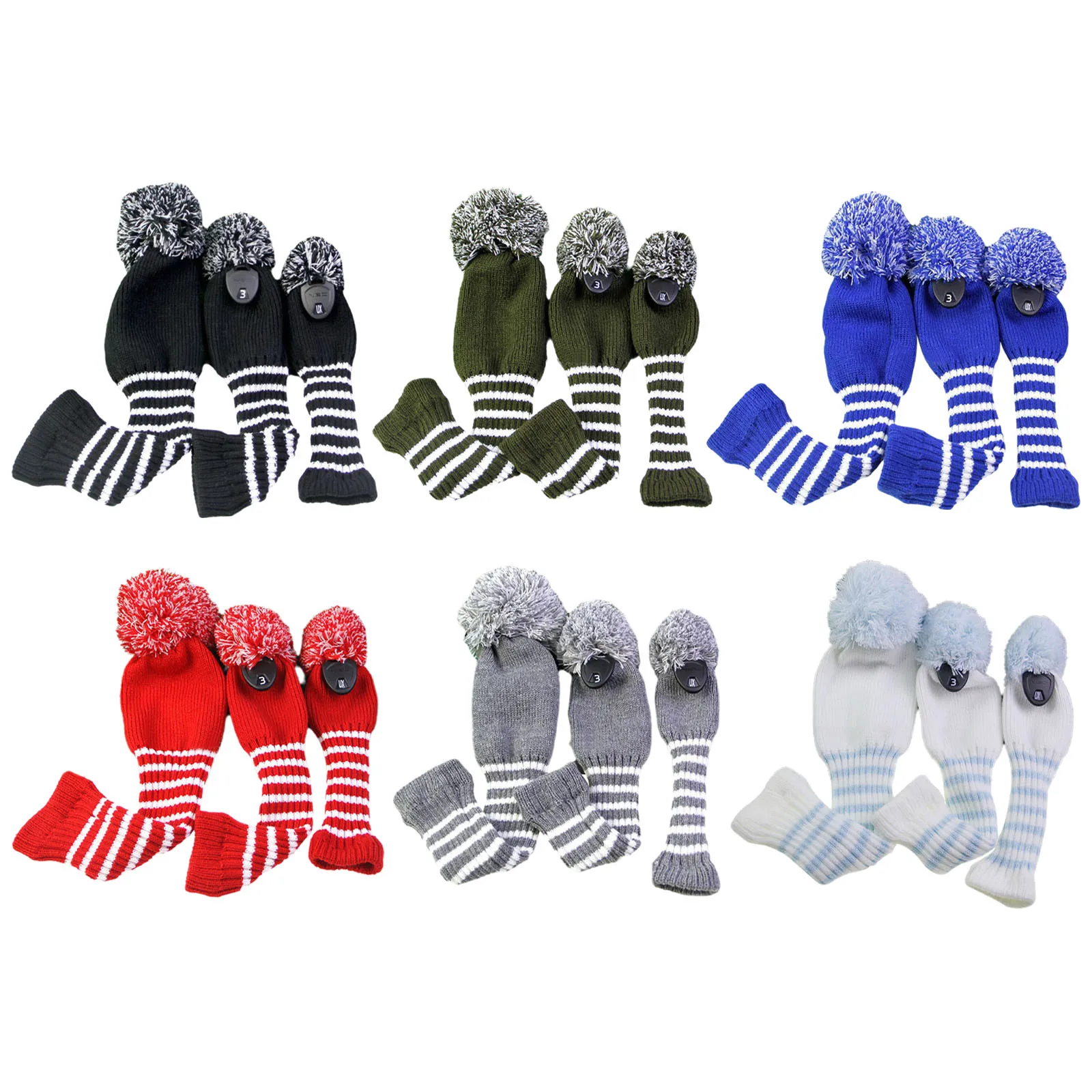 Seamless Golf Club Head Covers 3PCS Set - Knitted Striped Pattern Headcover for 1 3 Driver Fairways Hybrids UT
