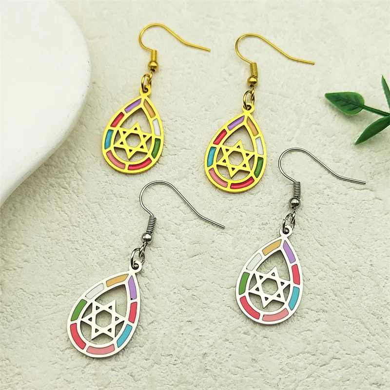 Waterdrop Shape Enamel Star of David Hoop Earrings for Women Men Stainless Steel Drop Earring Jewish Jewelry Party Gift