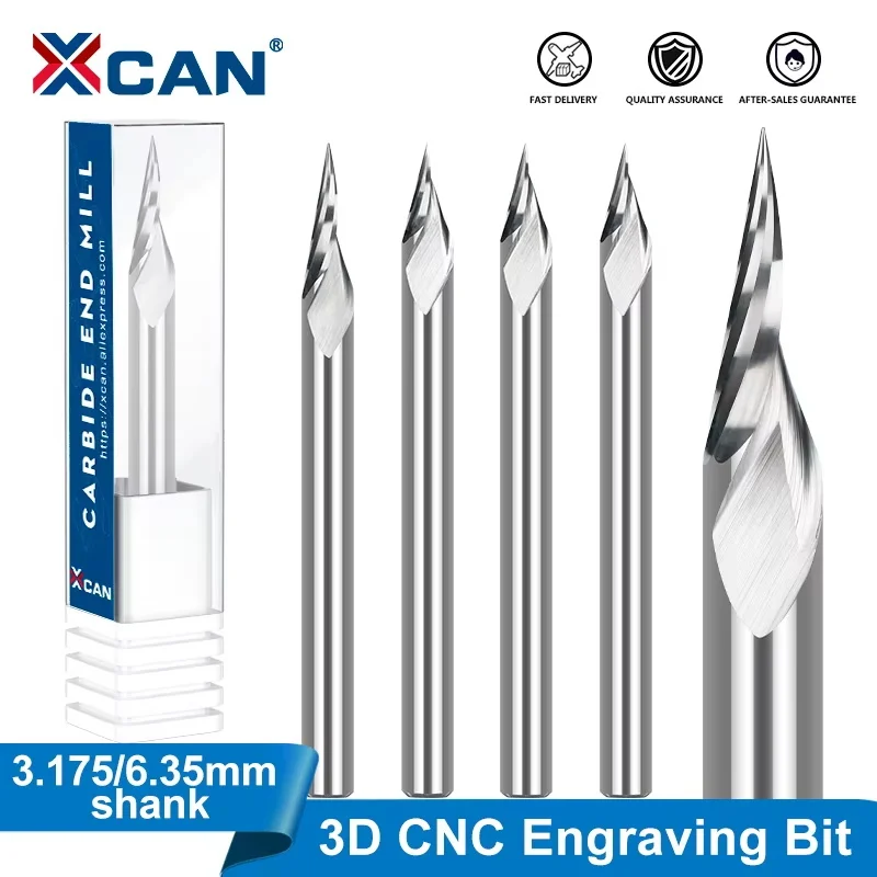 XCAN Frez do grawerowania 3D 3.175 4 6 6.35 mm Trzpień CNC Frez z węglików spiekanych V do obróbki drewna