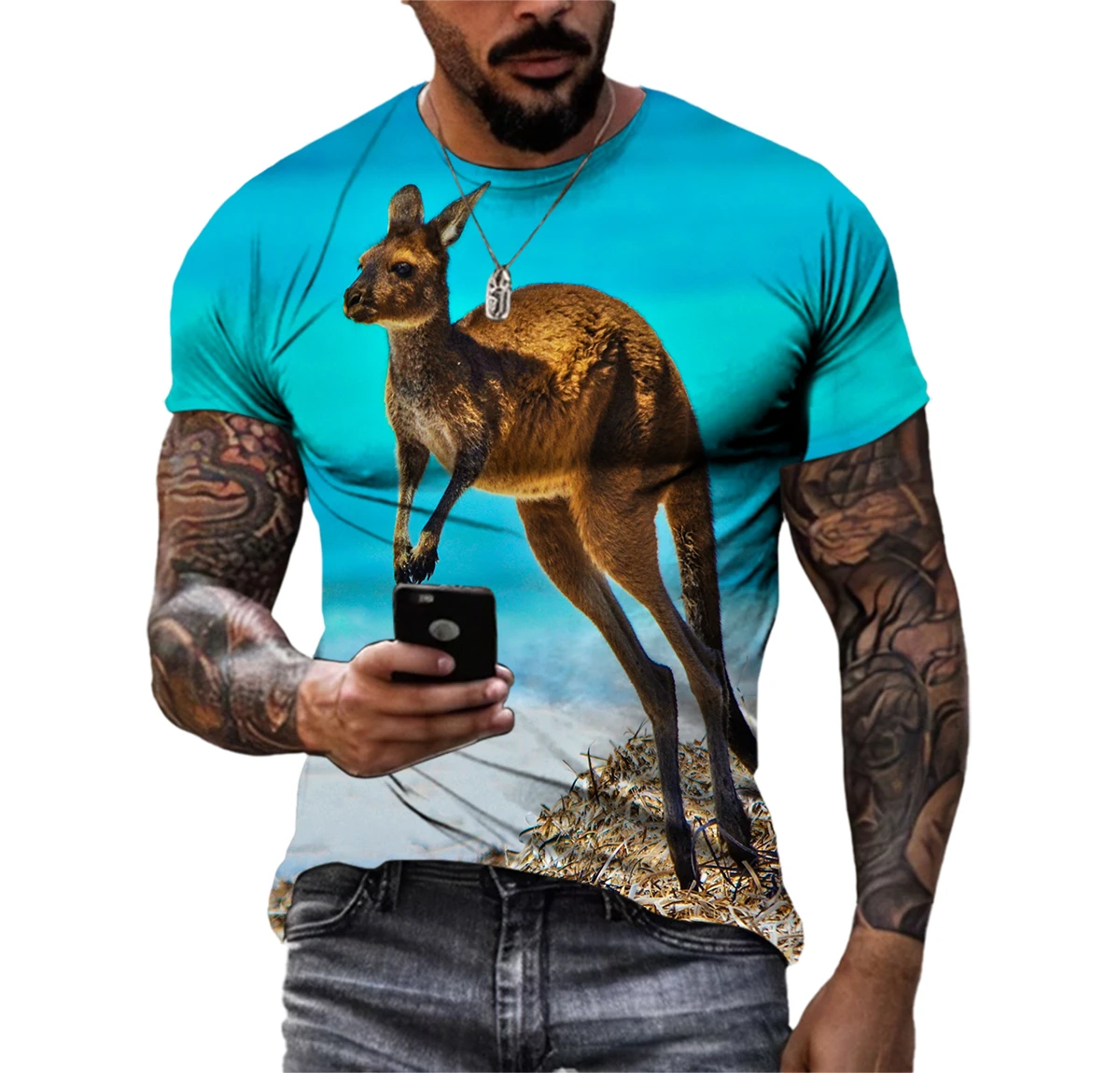 Camisetas con imagen de canguro, ToPS de manga corta con cuello redondo, estampado informal, estilo Hip Hop, moda de verano, novedad