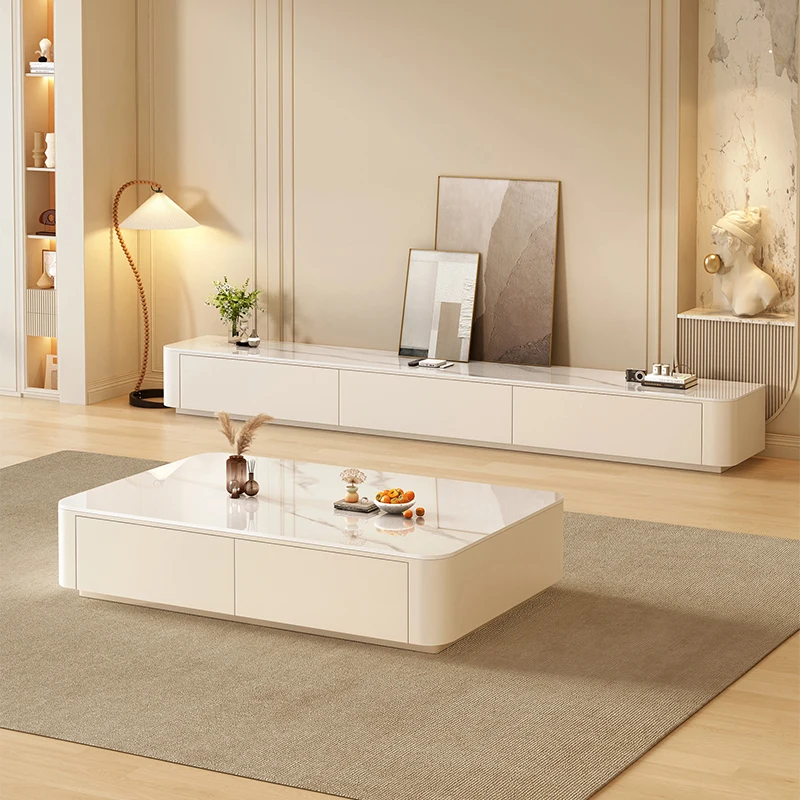 

Rock slab coffee table cream wind small apartment light luxury modern living room household marble solid wood TV cabinet