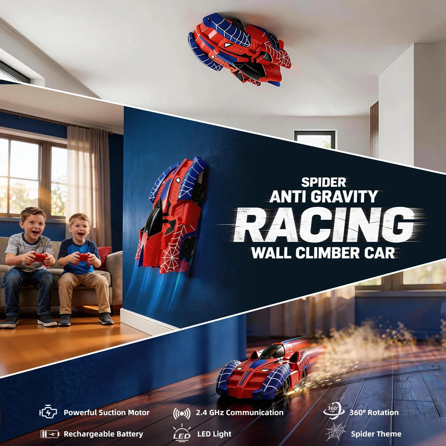 Spider Wall Climbing RC Car 2.4GHz Vacuum Suction 360° Spin Stunt Toy USB Charging Anti-Fall LED Light Car Gift for Boys Girls