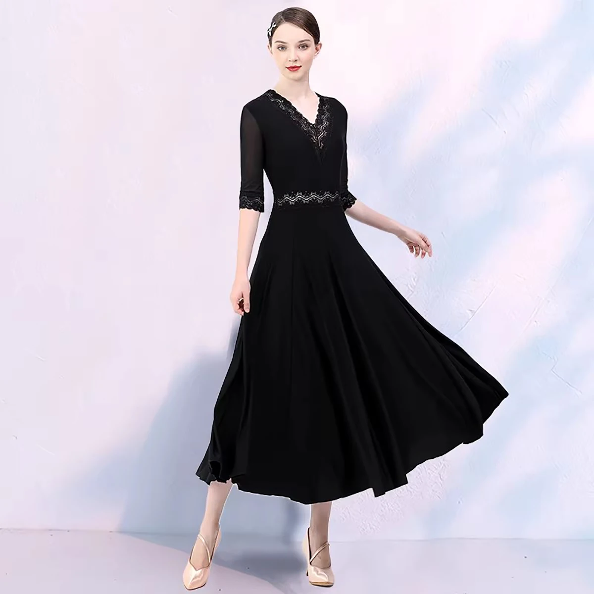 

Женские костюмы для современных танцев 2026: Новинка! Платье для бальных танцев с V-образным вырезом, для танго, вечеринок, вальса, с большим подолом