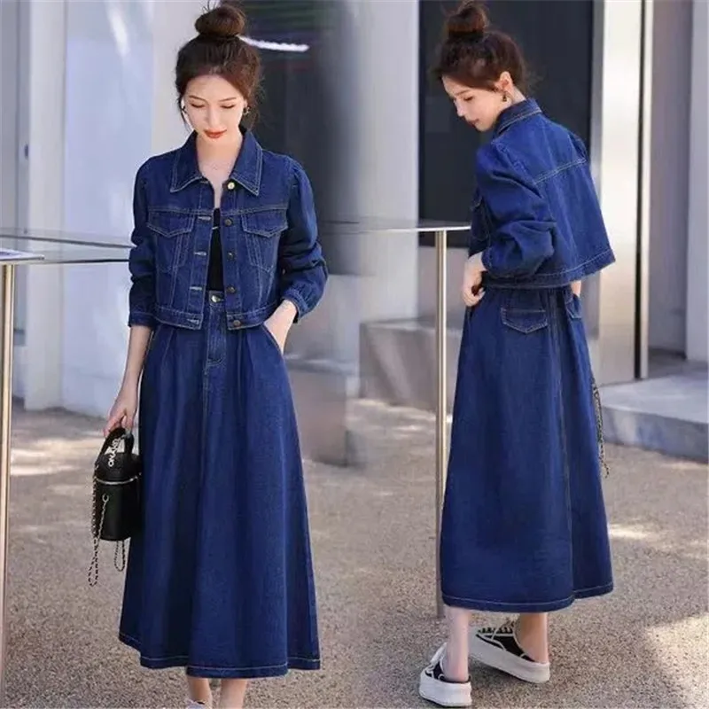 Women Blue Denim Skirt Sets Spring Autumn Casual Short Jeans Jacket + Elastic High Waist Skirt Two-Piece Set Ladies Elegant Suit