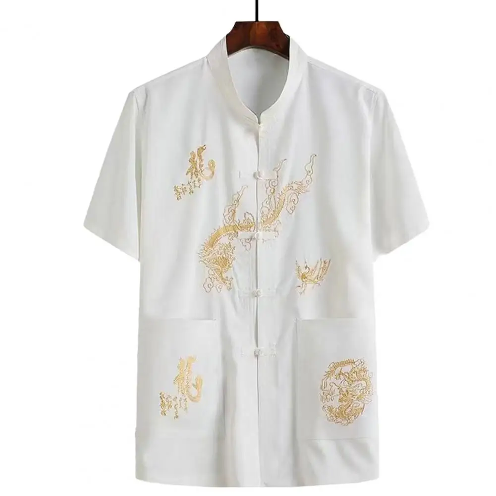 Dragon Print Practice Shirt Men's Chinese Traditional Linen Tang Shirt with Hand Plate Buckle Design Oriental for Comfortable