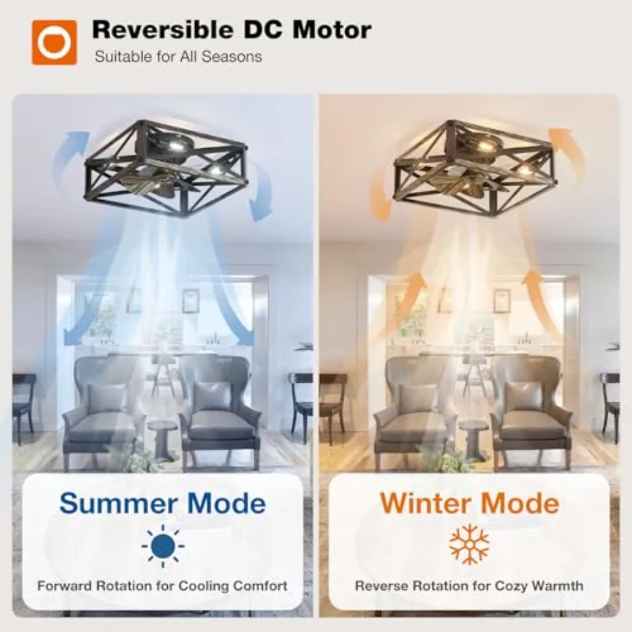 Caged Low Profile Ceiling Fans with Lights and Remote, Small Farmhouse Flush Mount Fandelier, 6 Speeds Reversible Ceiling Fan w view 3