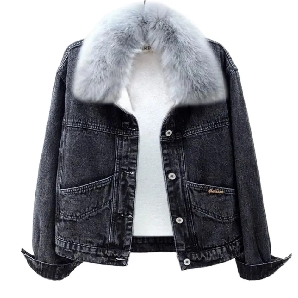 Women Plus Velvet Warm Casual Thicken Coats Letter Snow Wear Wash Blue Vaqueras Chaquetas Faux Fur Collar Winter Denim Jackets