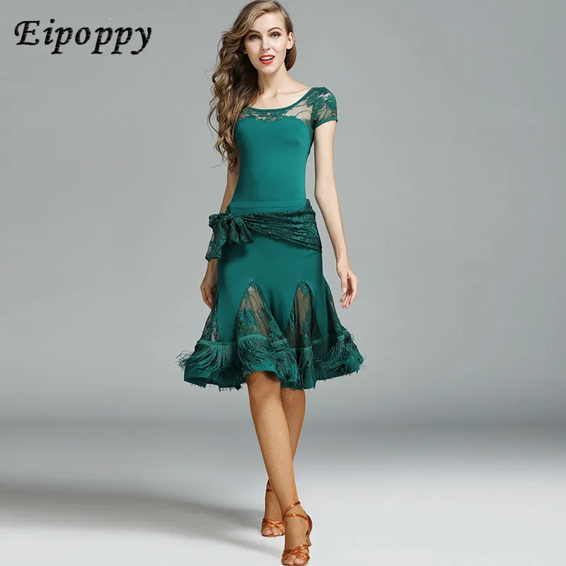 Erwachsener Latin Tanz anzug Eis Seide Latin Tanzrock Fransen Übungs kleidung neu