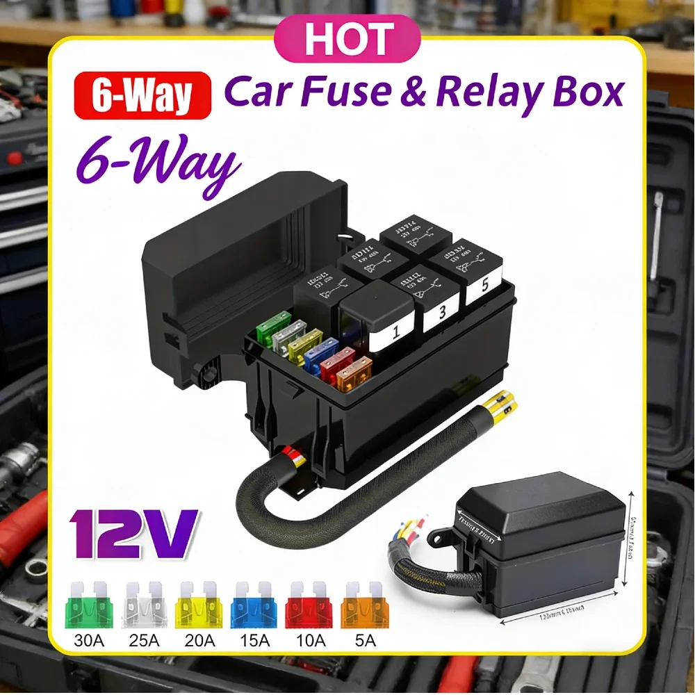 

6-Way 12V Fuse & Relay Box with Pre-Wired 40A 4-Pin Relays Flame-Retardant Plastic Control Module for Car Pickup Trailer Boat