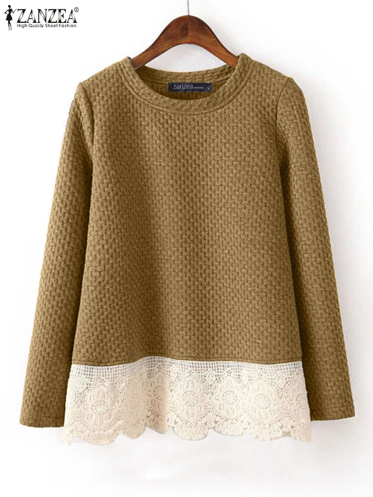 

ZANZEA 2022, осенние женские толстовки, пуловеры, повседневные топы с круглым вырезом и длинными рукавами, элегантные джемперы со шнуровкой, блузки