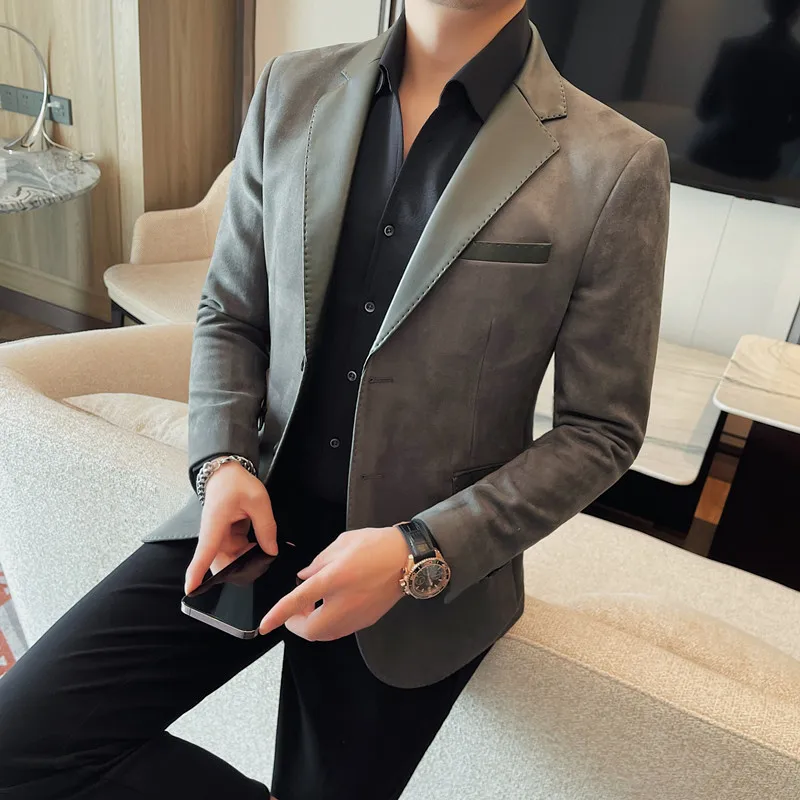 High-quality Fashion Collar Splicing Leather Single West Men\'s Solid Color Two Grain Single Breasted Business Casual Suit M-4XL