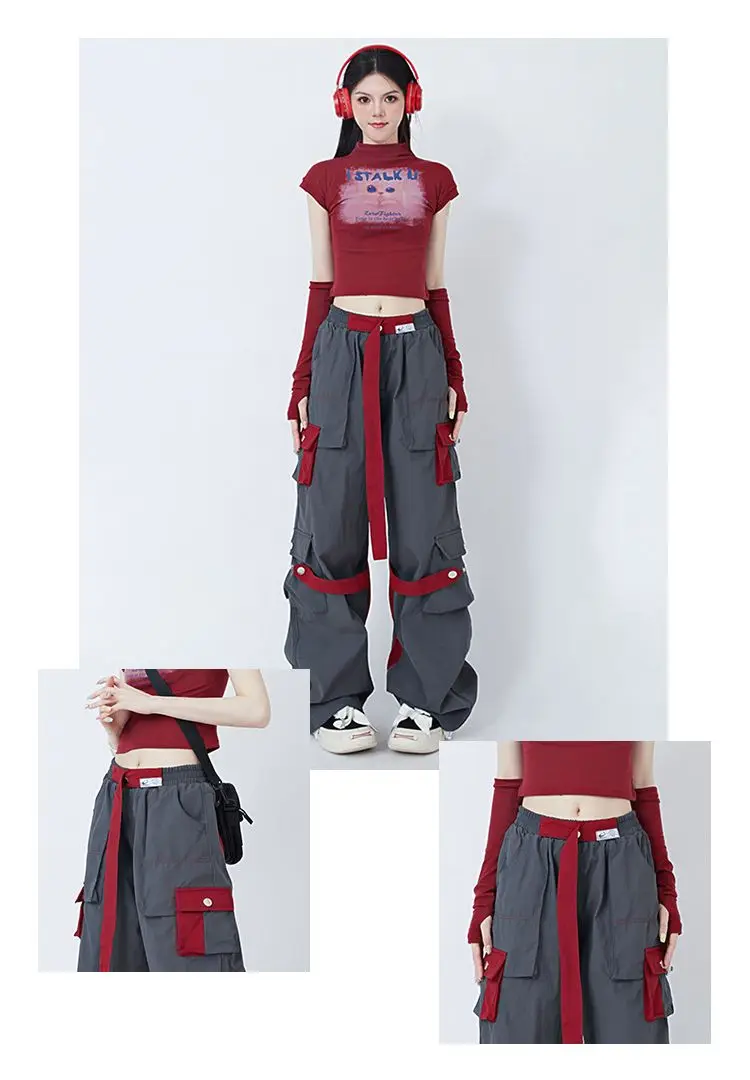 High Street Hip Hop Women Pants High Waist Color Block Overalls Wide-leg Casual Straight-leg Pants Y2k American Retro Streetwear