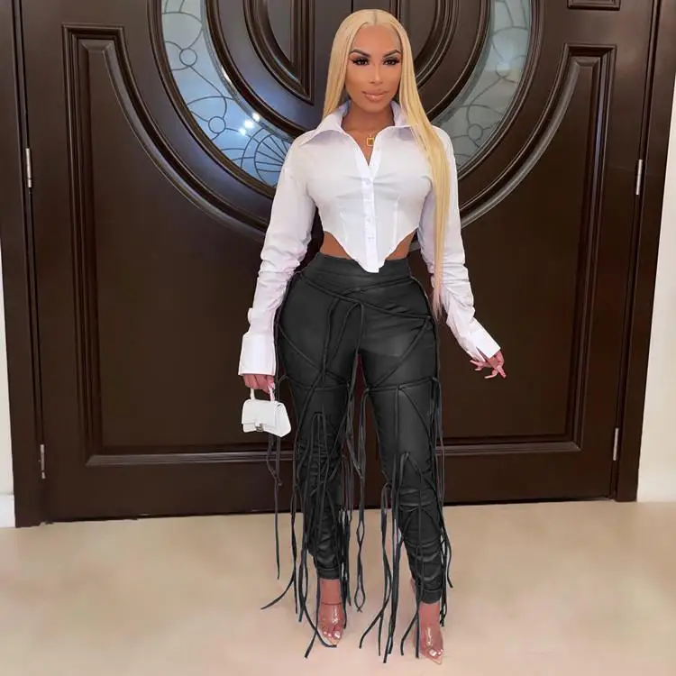 

Women's Lace up Rope Wrapped Tight Fit Casual Pants l Waist PU Material Mid-aged Suitable Bicolor Splicing Proc