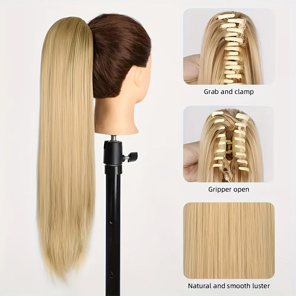 Extensiones de Cabello sintético para mujer, postizo largo con Clip de garra recta de hueso, 22 pulgadas