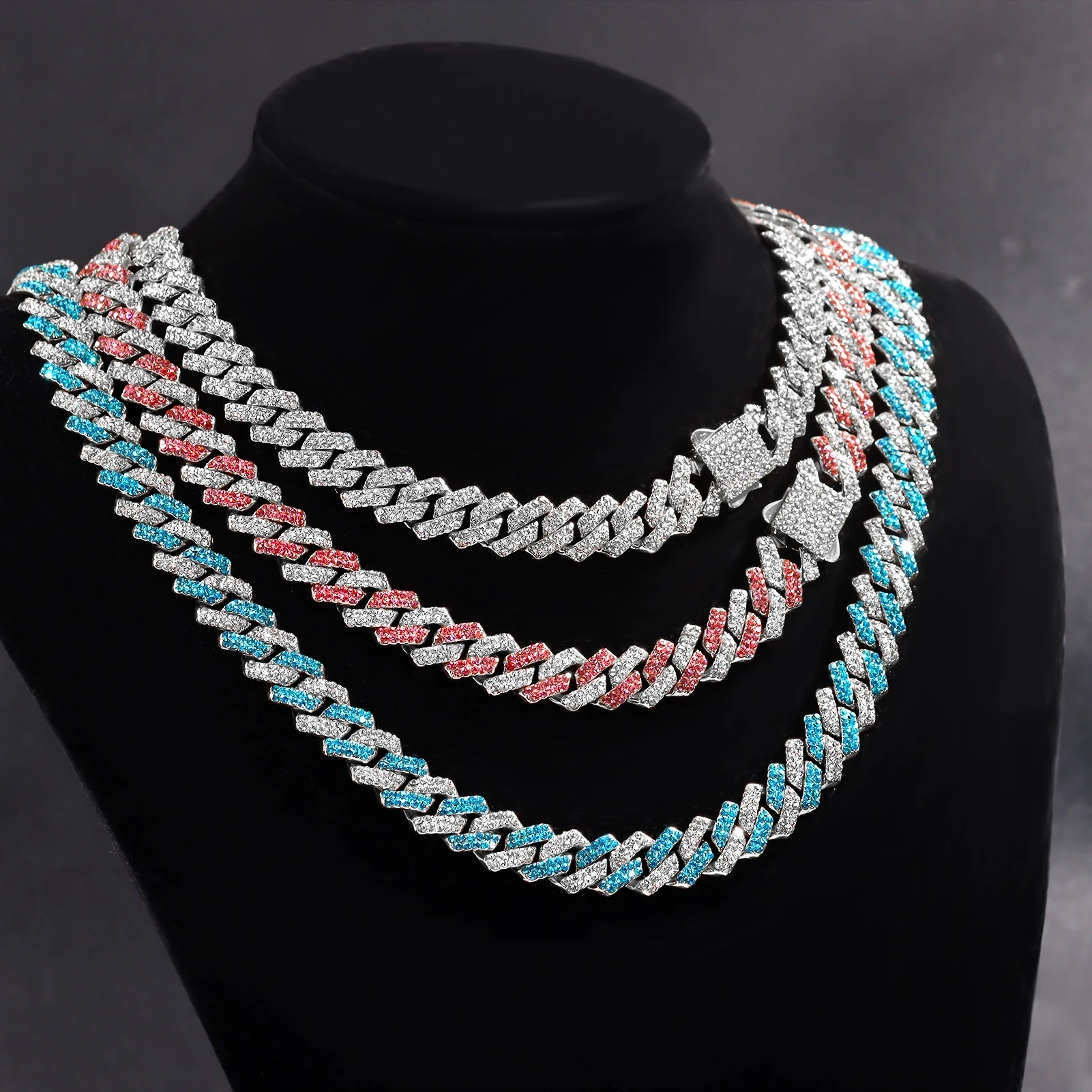 Iced Out Cuban Link Chain Necklace For Women Men 14MM 2 Row Rhinestone Paved Prong Rhomb Cuban Colorful Necklace Hip Hop Jewelry