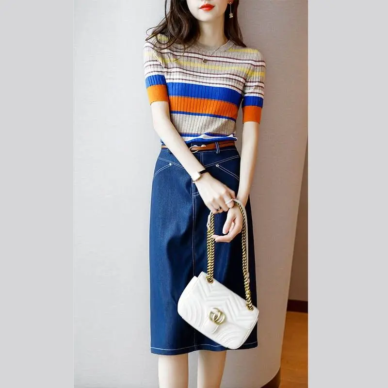 Royal Sister Style Set Women's 2023 Summer Internet Red Fried Stripe Short Sleeve Celebrity Denim Half Skirt Two Piece Sets