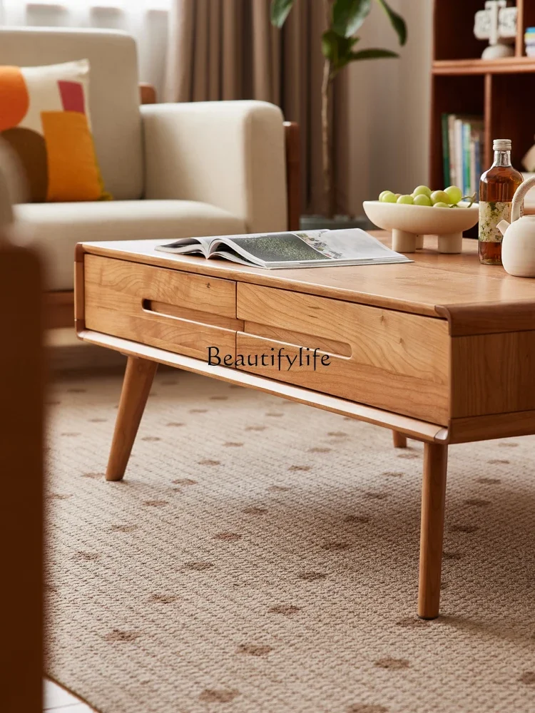 Nordic solid wood coffee table, cherry wood log style furniture, Japanese simple small apartment tea table