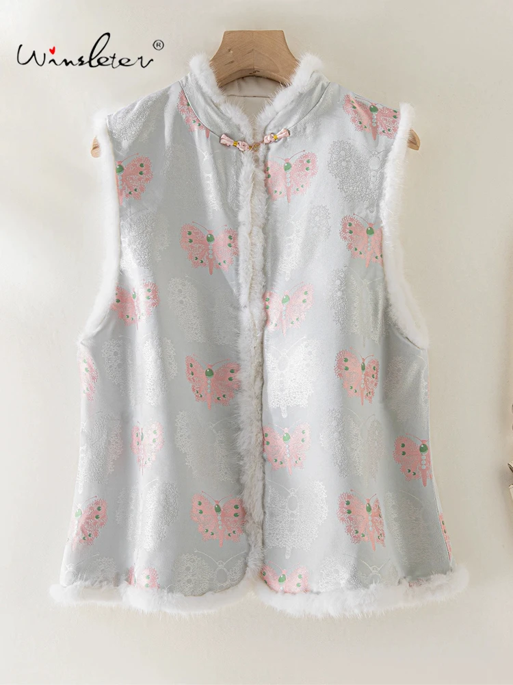 

Элегантный жилет Winsleter-Filler из 100% натурального шелка, лоскутное пальто из норкового меха, женский парчовый жилет в стиле ретро, зима 2025 года C5N004CC