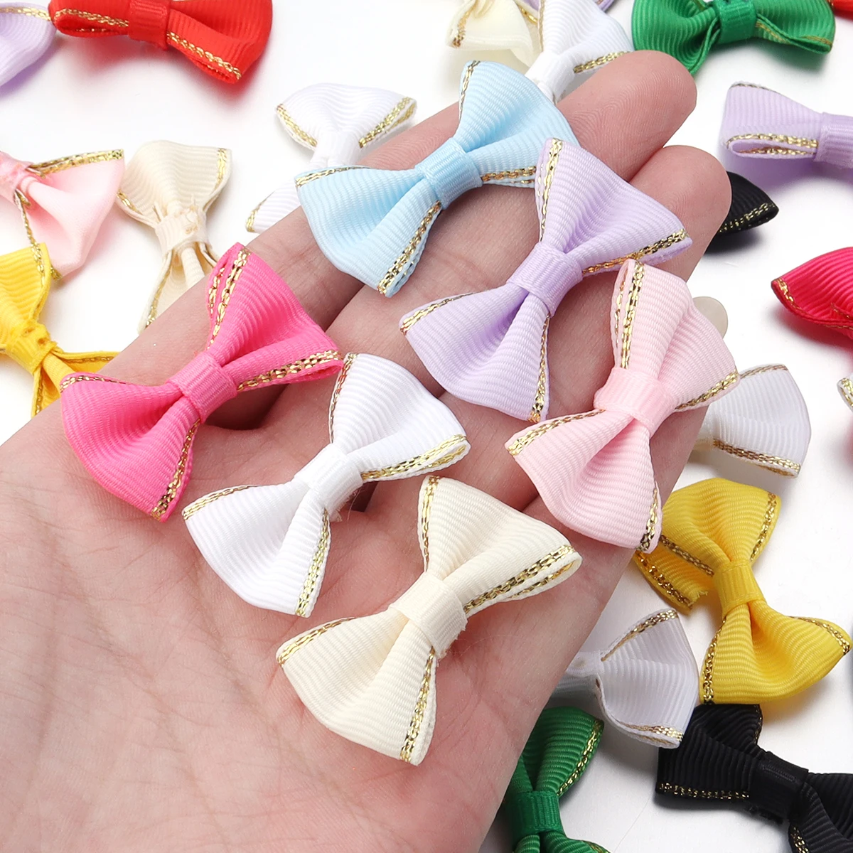 30pcs Mini Satin Ribbon Bows Color Gold Edge Grosgrain Bownots for Handmade DIY Ties Headwear Clothing Decoration Accessories