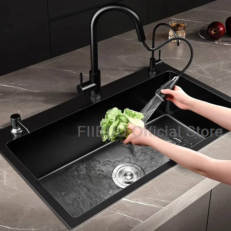 Black Stainless Steel Kitchen Sink Large Capacity Single Bowl Thickened Handmade Multifunctional Basin With Multiple Accessories