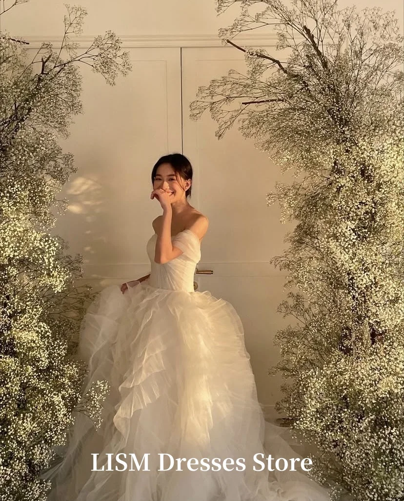 LISM Off Shoulder Fairy Korea Wedding Dresses A-Line Customized Silk Tulle Long Elegant Bridal Gowns 결혼식 드레 Photo Shoot