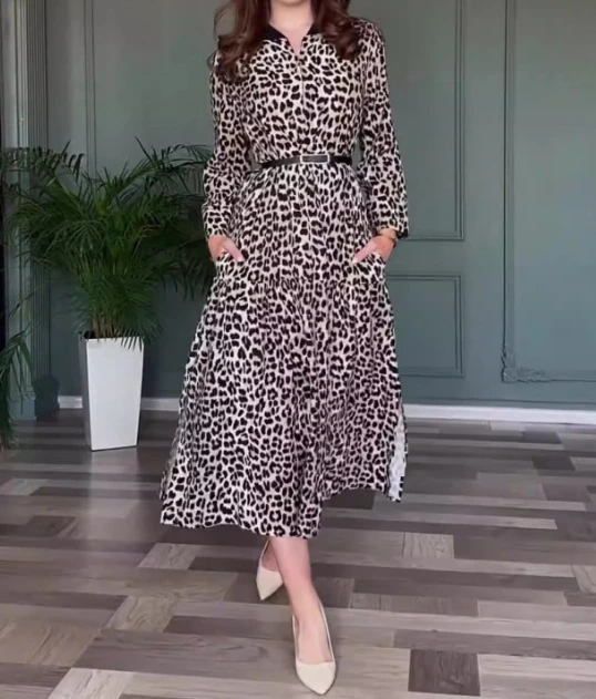 

2024 Long Skirt for Women Spring Summer Fashion Elegant Style V-Shaped Collar Lace Up Waist Leopard Print High-End Printed Dress