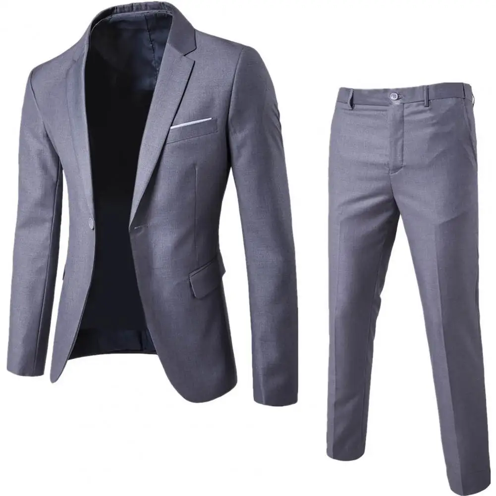 1 Set Stylish Formal Suit Handsome Suit Jacket Trousers Long Sleeve One Button Pockets Suit Set  Wedding Wearing