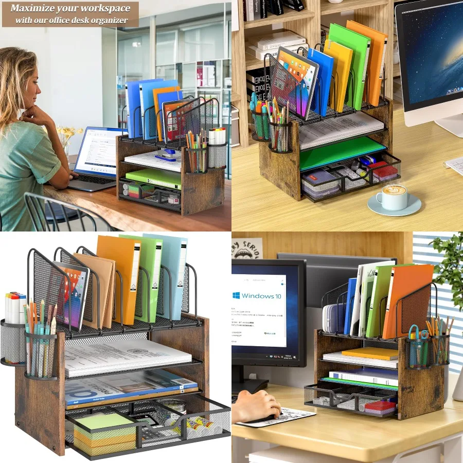 

4-Tier Mesh Desk Organizer with Wooden Design for Home Office: Features 5 Vertical File Holders 2 Pen Holders and a Hidden Draw
