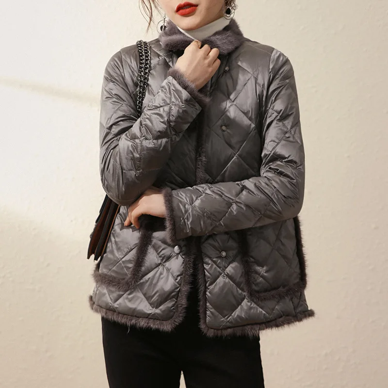 

Mink Hair + 95% White Goose Down Diamond Plaid Down Jacket For Women's 2024 Winter High-end Lightweight Goose Down Jacket Short