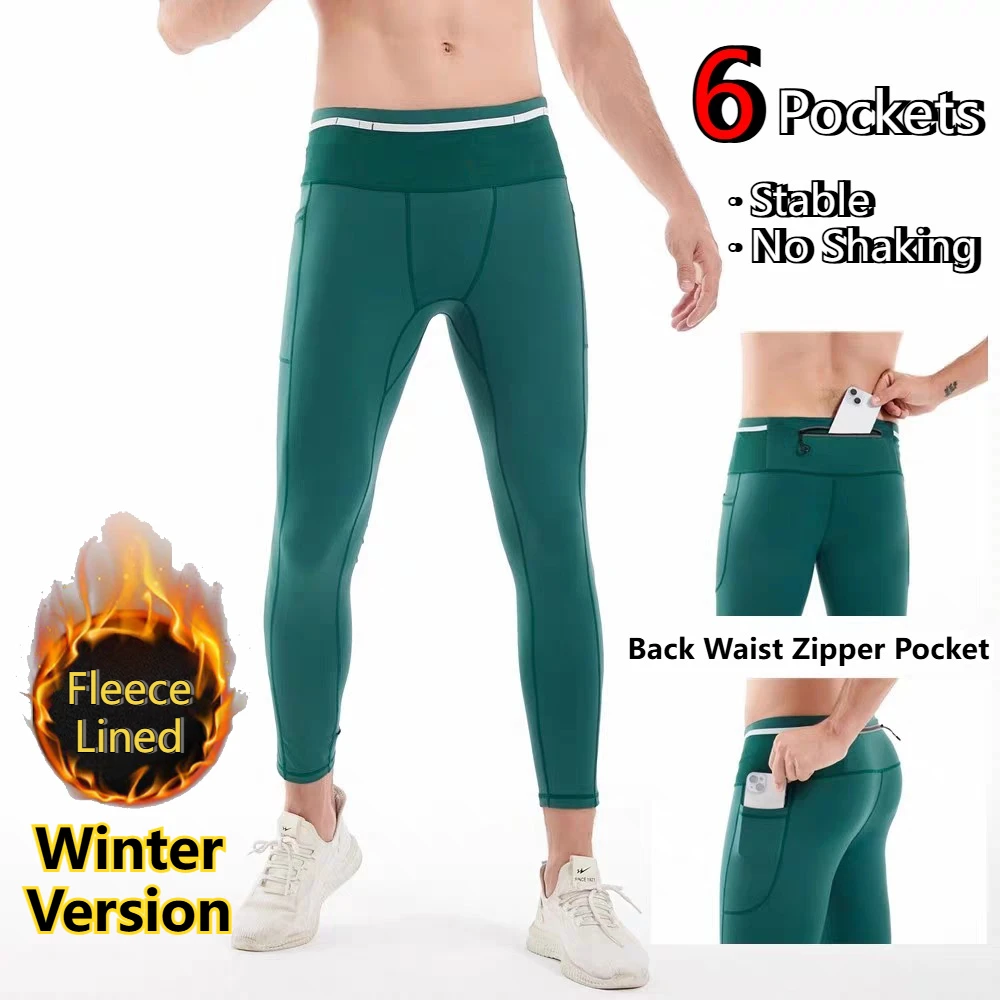 Men Women Thermal 9/10 Compression Running Pants – Fleece Lined Quick Dry Tight Fit Leggings with Pockets for Marathon Training