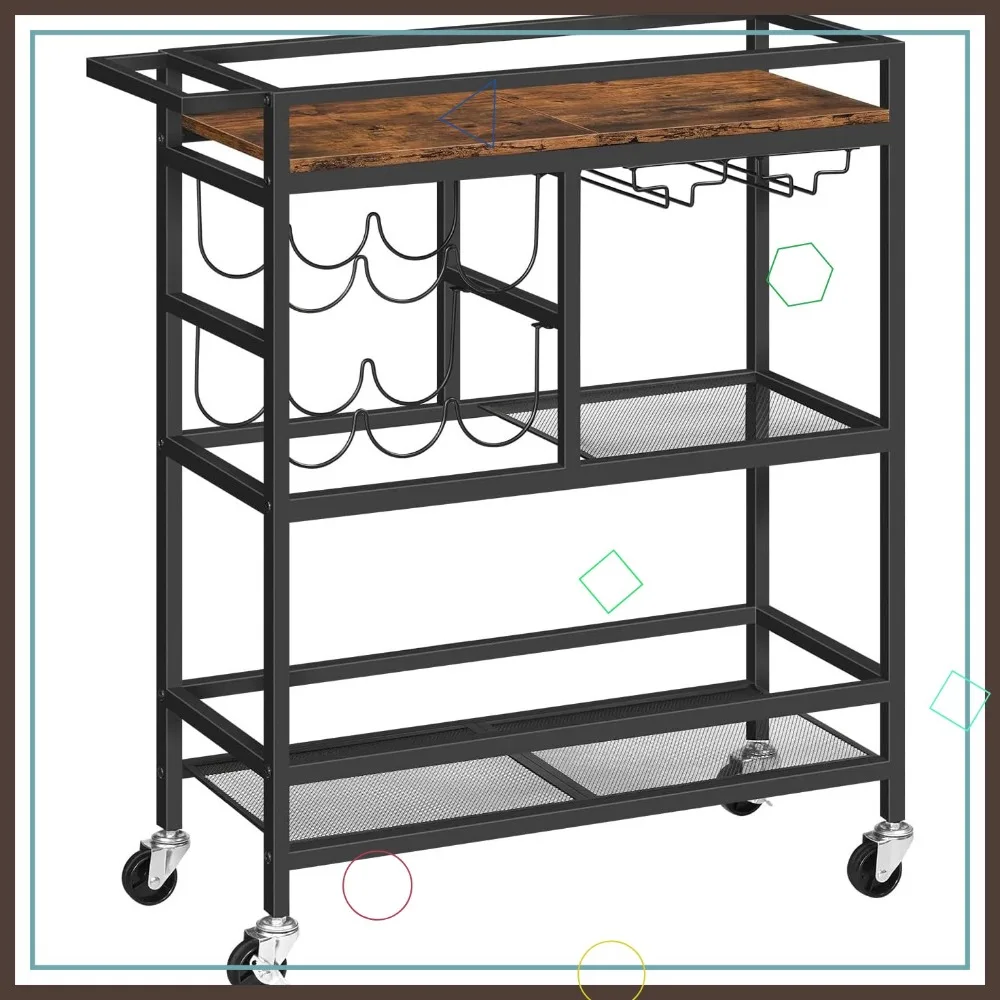 

3-Tier Rolling Bar Cart with Wheels, Wine Rack & Glass Holders for Kitchen or Dining Room in Rustic Brown