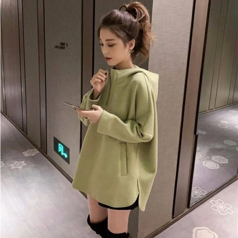 New Women's Solid Color Hooded Sweatshirt Long Sleeve Side Split Loose Comfortable Trendy Versatile Casual Daily Wear Sweatshirt