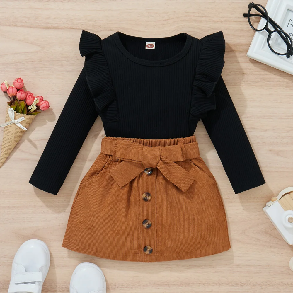 LAPA Cute Fashion Girls Skirt Suit Two-piece Set Baby Girls Solid Ruffle Long Sleeve Top+Corduroy Skirt Autumn New Kids Suit