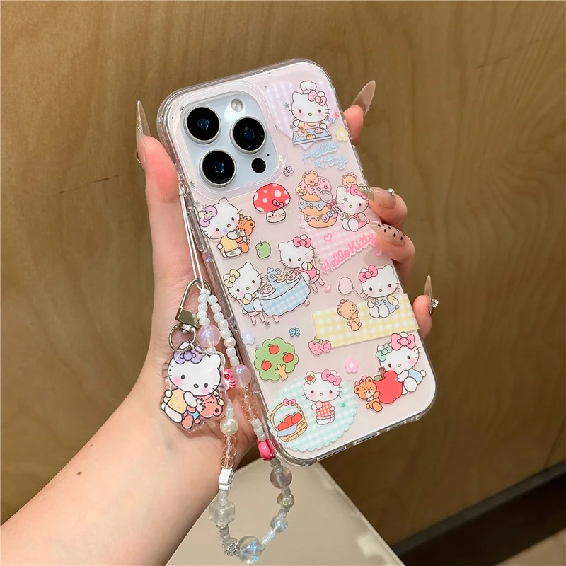 

Koren Hello Kitty Mushroom Cute Phone Case For iPhone 16 Pro 15 14 Pro Max Cover with Chain Kawaii Cartoon Cases