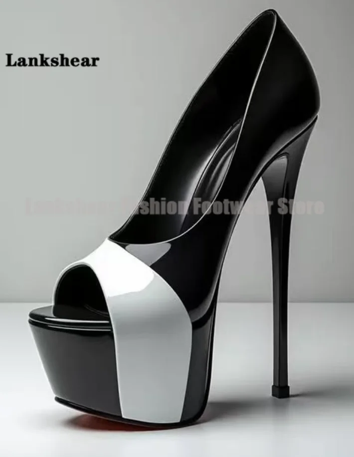 Schwarz-weiße zweifarbige Lack-Plateau-Pumps mit Peep-Toe und superhohem Stiletto-Absatz – Damenschuhe für den Sommer