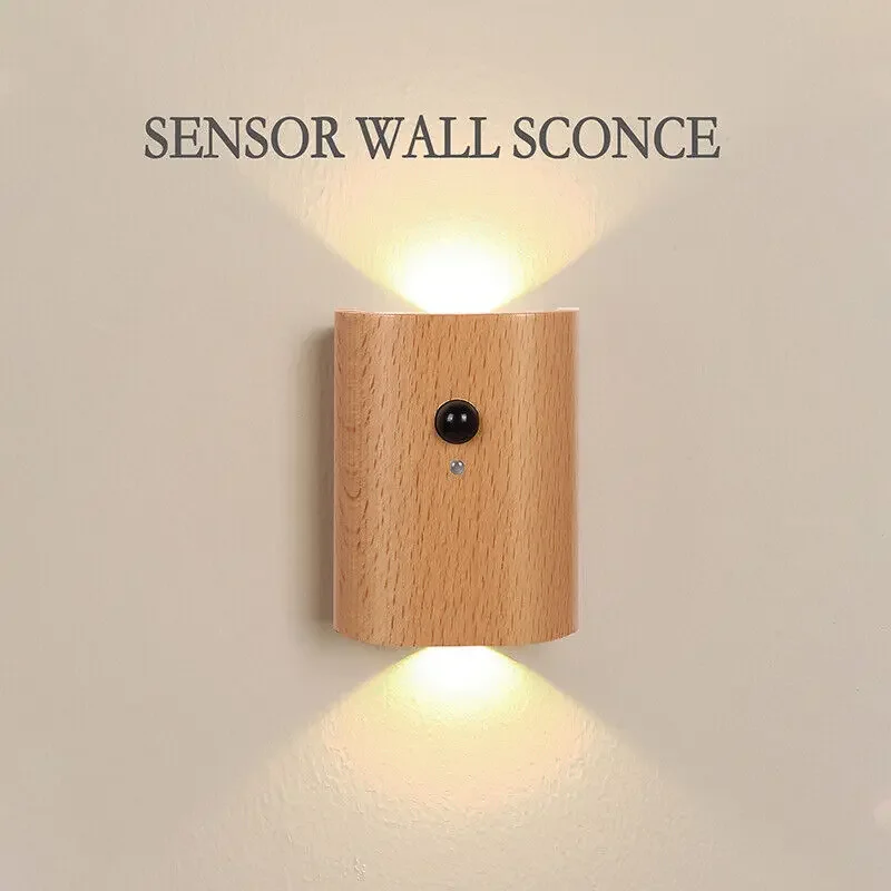 Wireless LED Motion Sensor Induction Light USB Rechargeable Beech Wood Stair Wall Warm White Lamp for Home Bedroom Closet