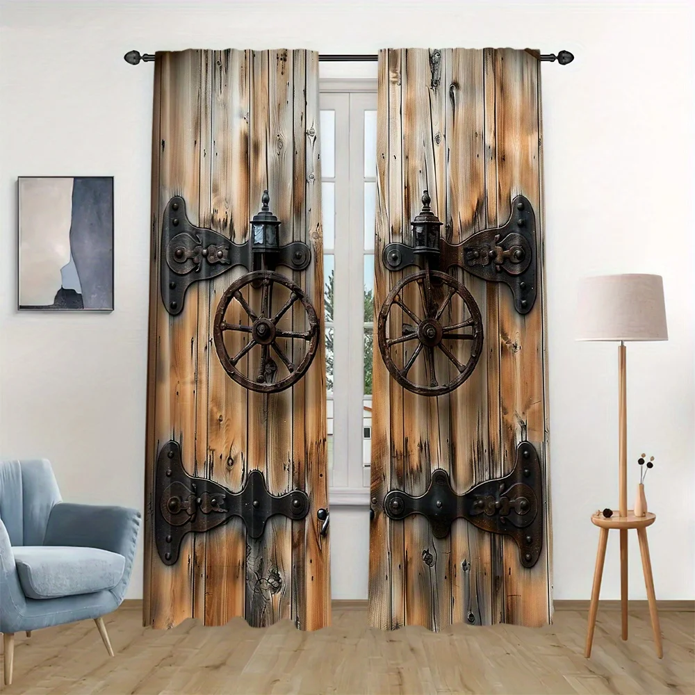 2-Piece Semi-Blackout Curtain Wooden Door Print Rod Pocket Drapes Machine Washable for Bedroom Living Room Home Decor Windows