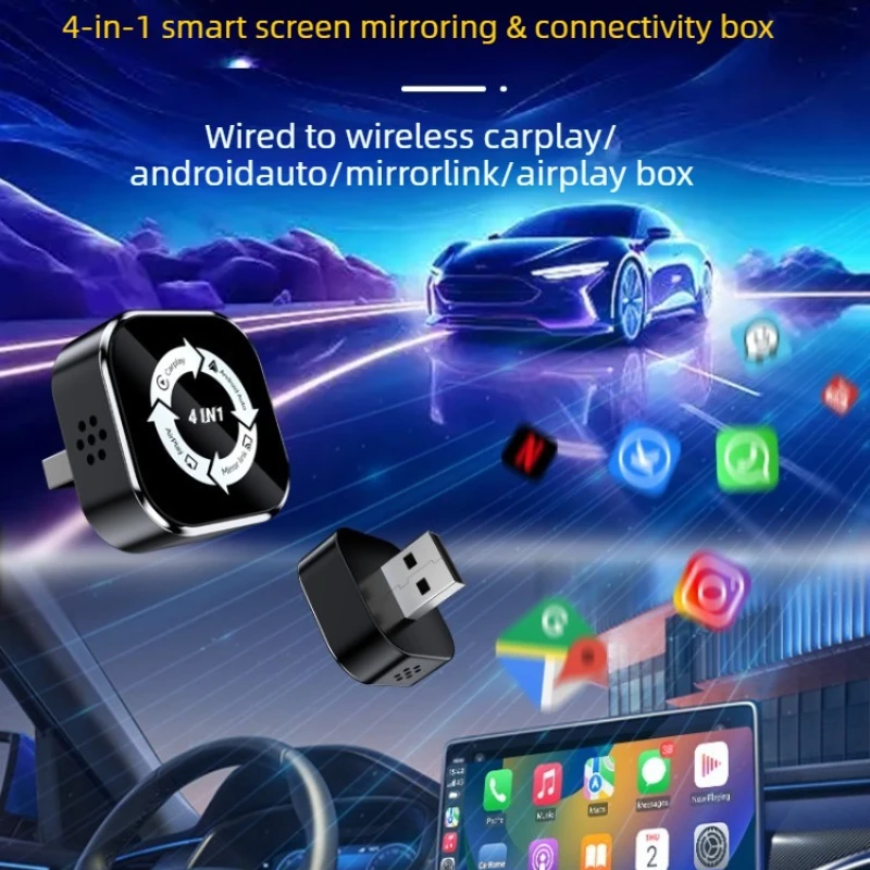 4-in-1 Wireless CarPlay Android Auto Adapter Smart Box Car Play Dongle Plug&Play Auto Connect For iPhone iOS Android Universal