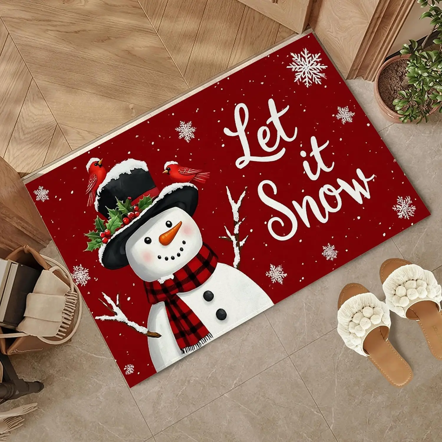

Рождественский коврик со снеговиком в помещении, зимний красный коврик для передней двери с кардинальными птицами, нескользящий коврик для прихожей, профильный фетровый коврик для дома