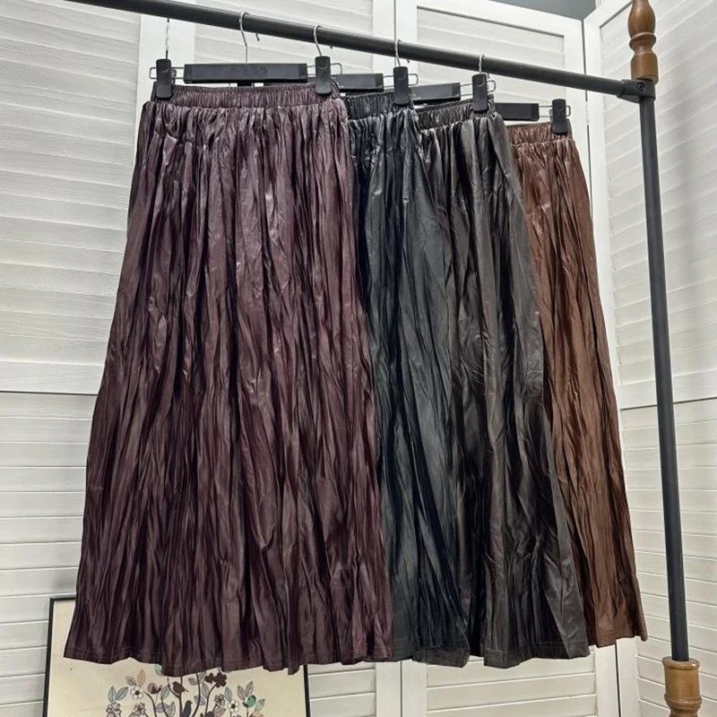 

QOERLIN 2024 Autumn Winter Faux Leather Texture Skirt Women Elastic Waist A-Line Winkle Long Skirt Female Korean Fashion Saias