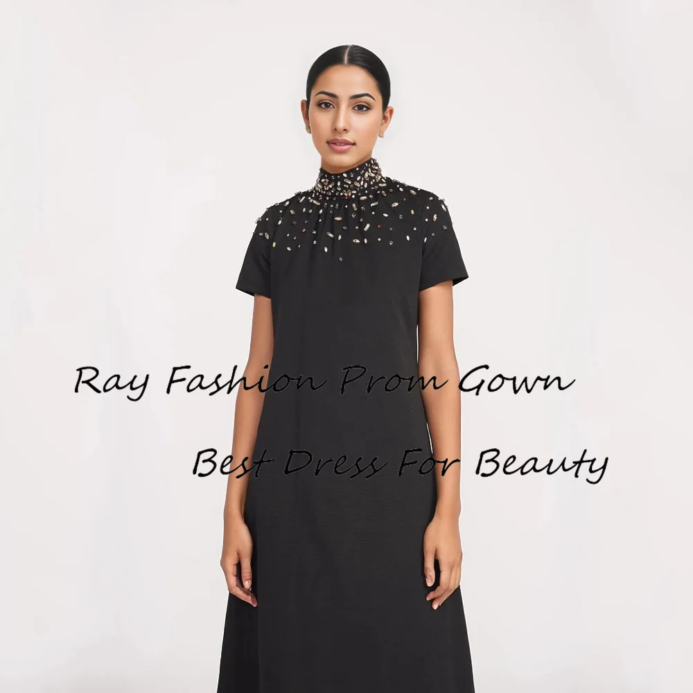 Ray Fashion-vestido de noche de corte en A, cuello alto con mangas cortas de cristal, hasta el tobillo, ocasión Formal, Arabia Saudita