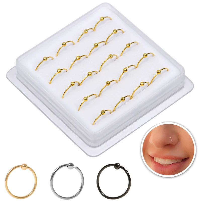 20Pcs Ball Closure Hoop Nose Rings for Women Men Nostril Septum Body Piercing Jewelry 10MM Thin Nose Rings Soft Adjustable 22G